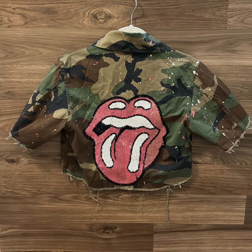 Sequins Rolling Stones Splatter Paint Army Indie Upcycle Cropped Jacket XS-Med